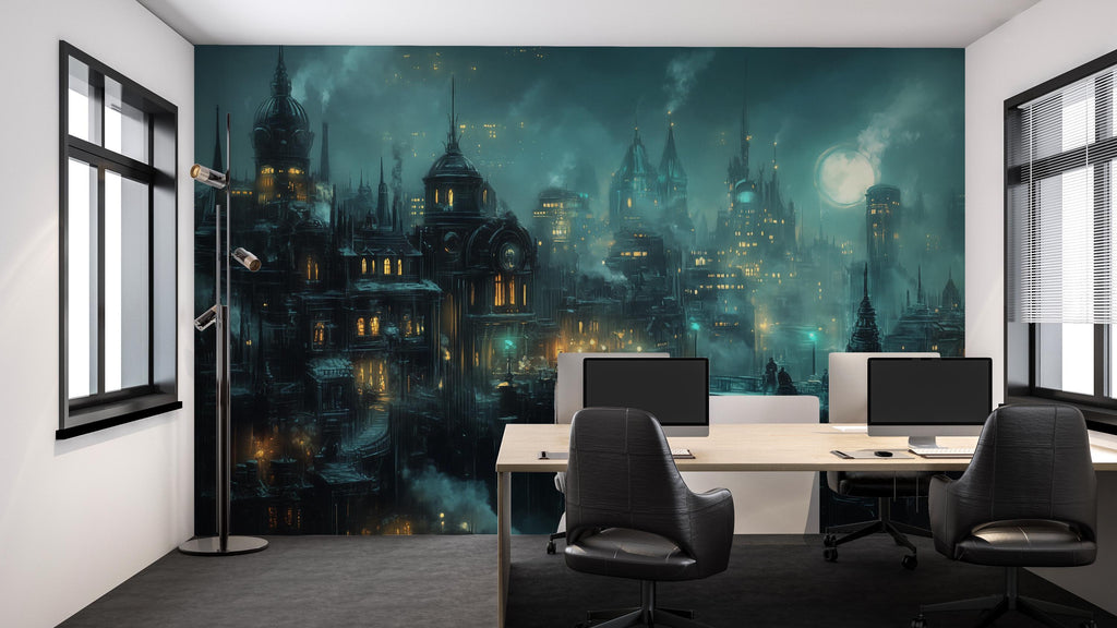 Steampunk Night City Wallpaper, Bold Retro Futuristic Wall Mural, Industrial Sci Fi Peel And Stick Wallpaper For Bedroom, Loft, Gaming Room