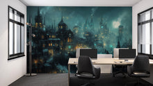 Load image into Gallery viewer, Steampunk Night City Wallpaper, Bold Retro Futuristic Wall Mural, Industrial Sci Fi Peel And Stick Wallpaper For Bedroom, Loft, Gaming Room