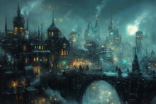 Load image into Gallery viewer, Steampunk Night City Wallpaper, Bold Retro Futuristic Wall Mural, Industrial Sci Fi Peel And Stick Wallpaper For Bedroom, Loft, Gaming Room
