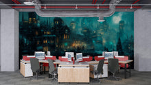 Load image into Gallery viewer, Steampunk Night City Wallpaper, Bold Retro Futuristic Wall Mural, Industrial Sci Fi Peel And Stick Wallpaper For Bedroom, Loft, Gaming Room