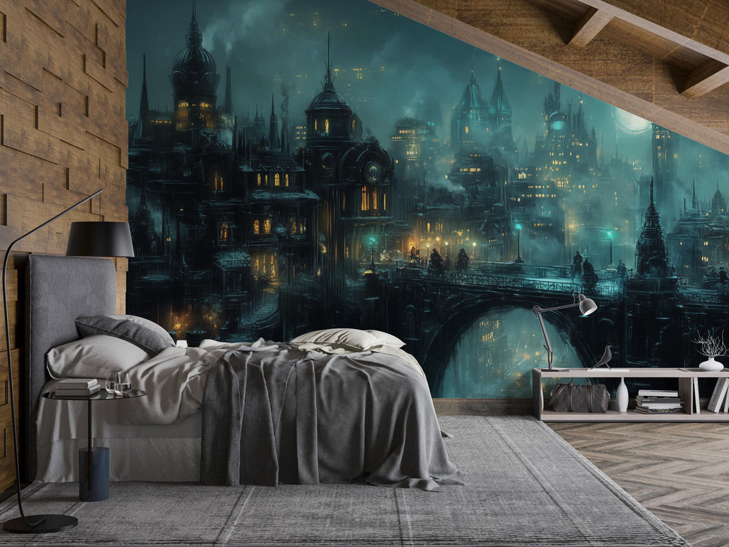 Steampunk Night City Wallpaper, Bold Retro Futuristic Wall Mural, Industrial Sci Fi Peel And Stick Wallpaper For Bedroom, Loft, Gaming Room