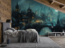 Load image into Gallery viewer, Steampunk Night City Wallpaper, Bold Retro Futuristic Wall Mural, Industrial Sci Fi Peel And Stick Wallpaper For Bedroom, Loft, Gaming Room