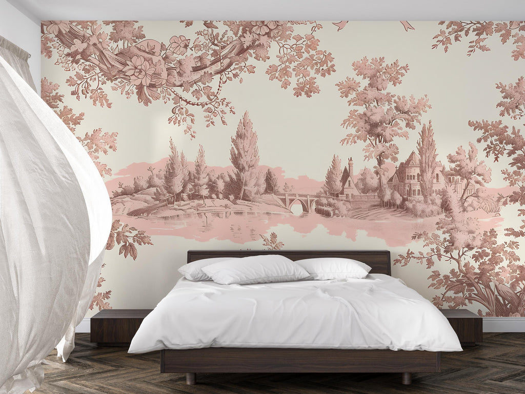 Pink Toile Wallpaper Mural | Vintage French Countryside Wall Art | Elegant Pastoral Decor Vn1034