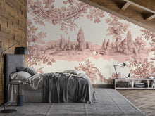Load image into Gallery viewer, Pink Toile Wallpaper Mural | Vintage French Countryside Wall Art | Elegant Pastoral Decor Vn1034