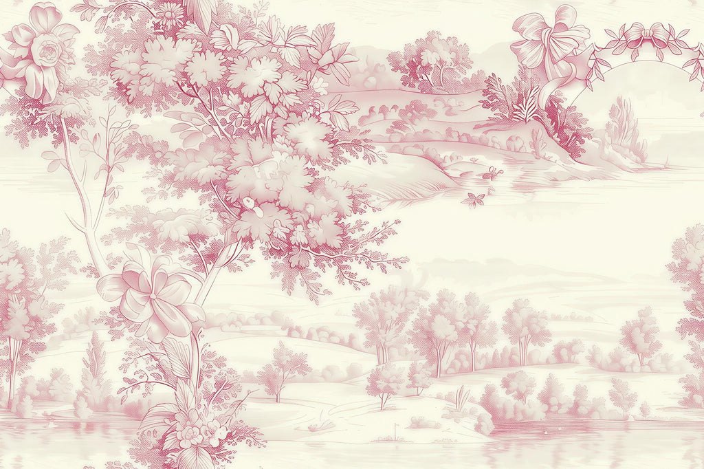 Pink Toile Wallpaper Mural | French Country Scenic Wall Decor | Romantic Vintage Accent Vn1035