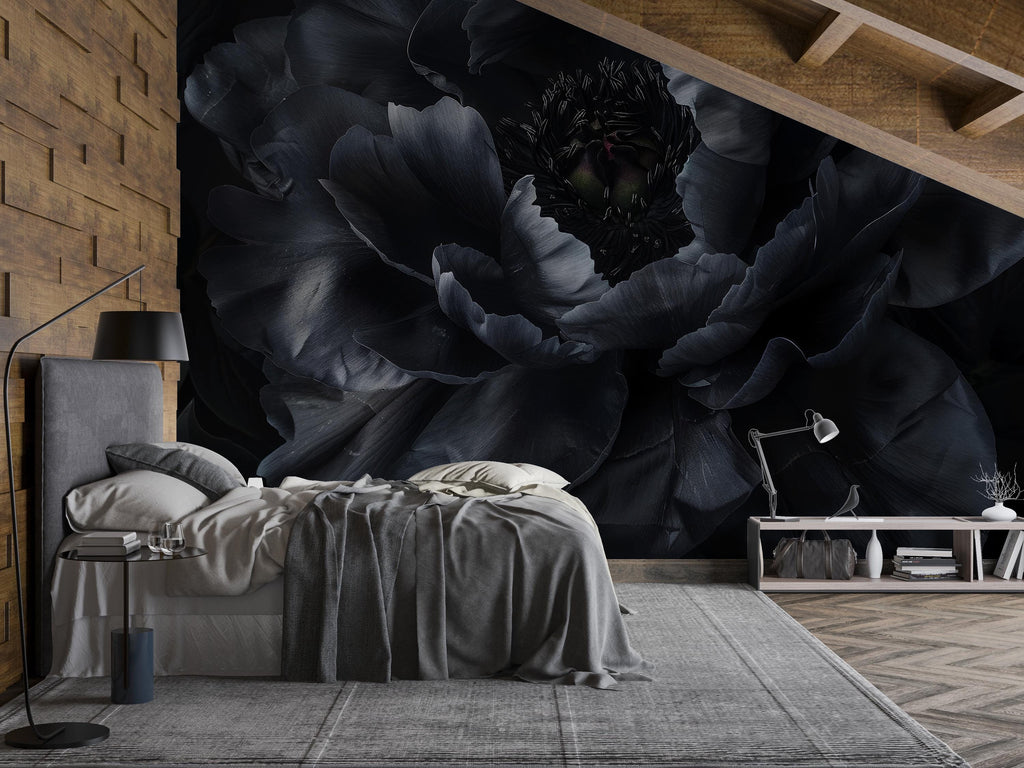 Black Floral Mural Wallpaper – Dark Oversized Peony Wall Art for Bedroom Décor Vn1048