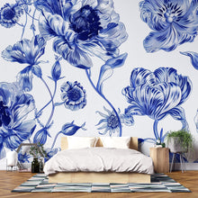 Load image into Gallery viewer, Blue Floral Wall Mural, Vintage Botanical Wallpaper, Elegant Flower Wall Art Decor Vn1058