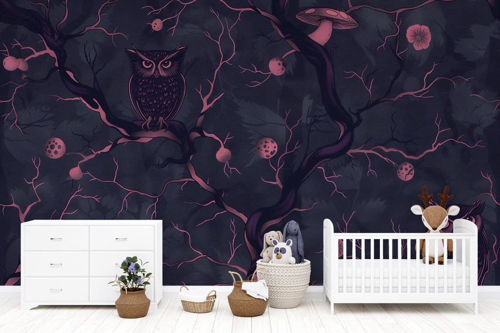 Dark Owl Forest Wallpaper – Enchanted Woodland Wall Mural Vn1096