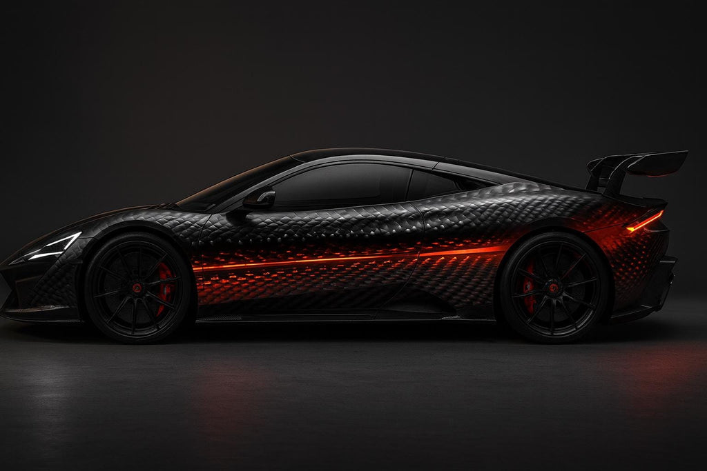 Luxury Sport Car Wrap, Black Carbon Fiber Texture with Red Glow Streak, Full Vehicle Vinyl Graphics for Supercars, Exotic Car Gift
