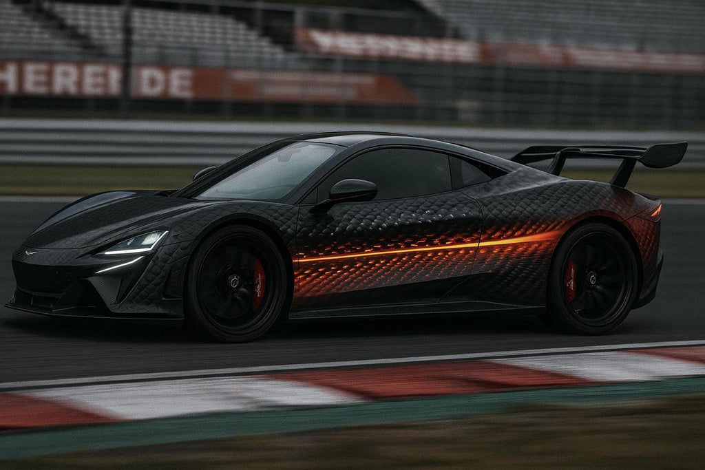 Luxury Sport Car Wrap, Black Carbon Fiber Texture with Red Glow Streak, Full Vehicle Vinyl Graphics for Supercars, Exotic Car Gift