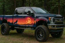 Load image into Gallery viewer, Wolf Moon Sunset Car Wrap | Forest Silhouette Vinyl | Wildlife Night Scene Vehicle Wrap | Nature Adventure Design | Outdoor Landscape Wrap