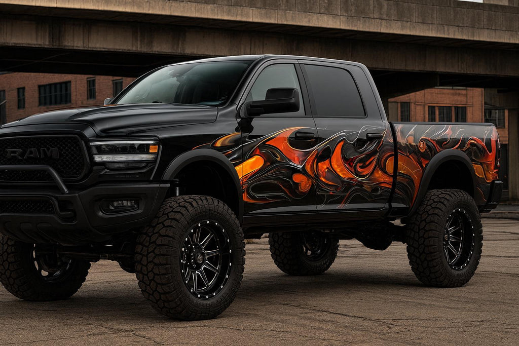 Abstract Flame Car Wrap | Fiery Liquid Swirl Vinyl Design | Aggressive Racing Style Vehicle Wrap | Red Orange Black Motion Art Wrap