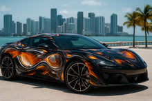 Load image into Gallery viewer, Abstract Flame Car Wrap | Molten Metallic Liquid Vinyl Design | Orange Black High-Performance Vehicle Wrap | Modern Street Art Car Wrap