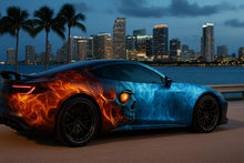 Load image into Gallery viewer, Fire and Ice Skull Car Wrap | Dual Flame &amp; Frost Vinyl Design | Blue Red Abstract Vehicle Wrap | Molten Heat vs Cold Energy Car Wrap