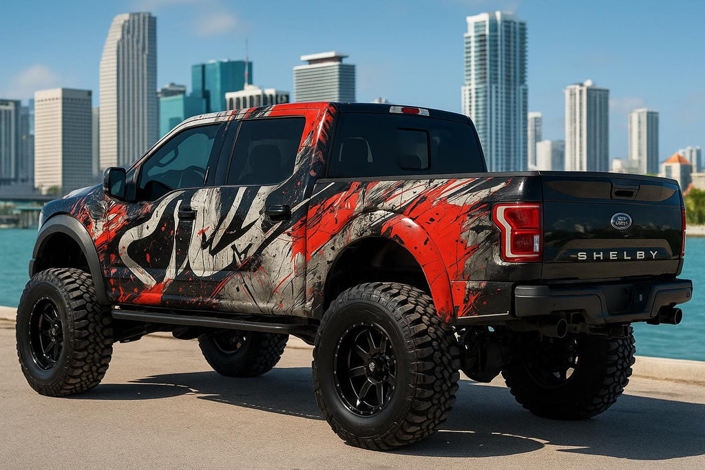 Red Black White Splatter Car Wrap | Urban Street Vinyl Design | Abstract Paint Smash Vehicle Wrap | Modern Grunge Style Auto Wrap