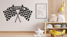 Load image into Gallery viewer, Personalized Race Car Wall Decal, Checkered Flag Name Wall Sticker, Custom Racing Wall Art, Boys Room Decor, Race Theme Nursery 688LU