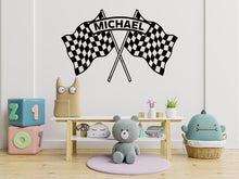 Load image into Gallery viewer, Personalized Race Car Wall Decal, Checkered Flag Name Wall Sticker, Custom Racing Wall Art, Boys Room Decor, Race Theme Nursery 688LU