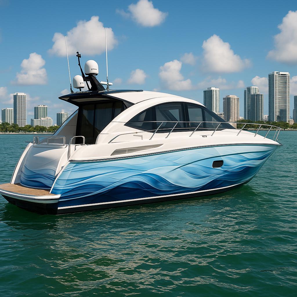 Ocean Wave Boat Wrap – Blue Water Gradient Marine Vinyl Hull Graphics, Premium Peel And Stick Wrap For Boats, Custom Sea Design