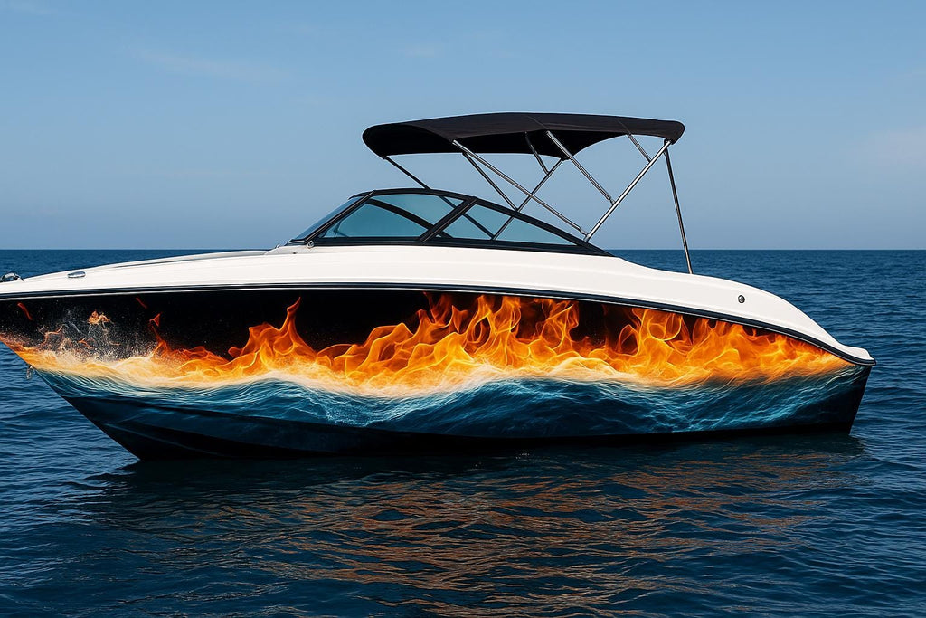 Fire And Water Boat Wrap – Full Side Vinyl Graphic – Ocean Flame Boat Decal – Custom Sport Boat Wrap – Marine Vinyl Wrap With Fiery Water