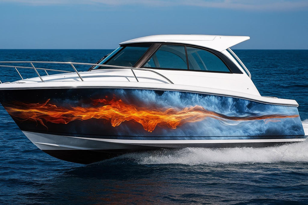 Fire Streak Ocean Boat Wrap – Fiery Wave Vinyl Wrap – Marine Boat Decal Graphic – Custom Full Side Boat Wrap – Blue And Flame Water Design