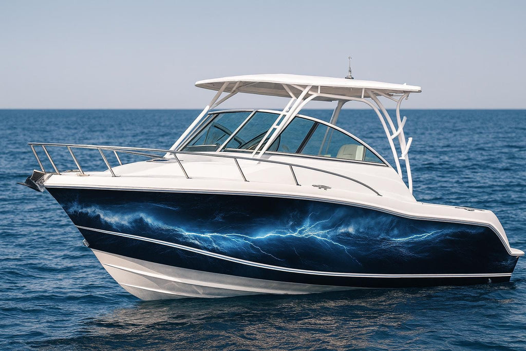 Electric Ocean Lightning Boat Wrap – Blue Storm Vinyl Wrap – Marine Grade Boat Decal – Full Side Graphic Wrap – Custom Thunder And Wave Boat