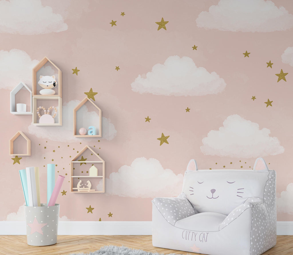 Cloud Stars Watercolor Girl room Wallpaper Stars Peel and Stick Girl room Wallpaper Nursery Self Adhesive Rainbow nursery decor Mural 939RS