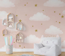 Load image into Gallery viewer, Cloud Stars Watercolor Girl room Wallpaper Stars Peel and Stick Girl room Wallpaper Nursery Self Adhesive Rainbow nursery decor Mural 939RS