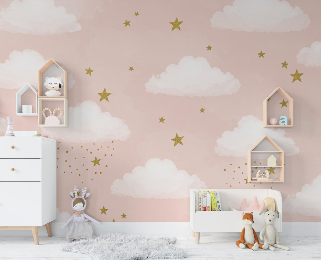 Cloud Stars Watercolor Girl room Wallpaper Stars Peel and Stick Girl room Wallpaper Nursery Self Adhesive Rainbow nursery decor Mural 939RS