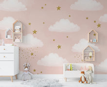 Load image into Gallery viewer, Cloud Stars Watercolor Girl room Wallpaper Stars Peel and Stick Girl room Wallpaper Nursery Self Adhesive Rainbow nursery decor Mural 939RS