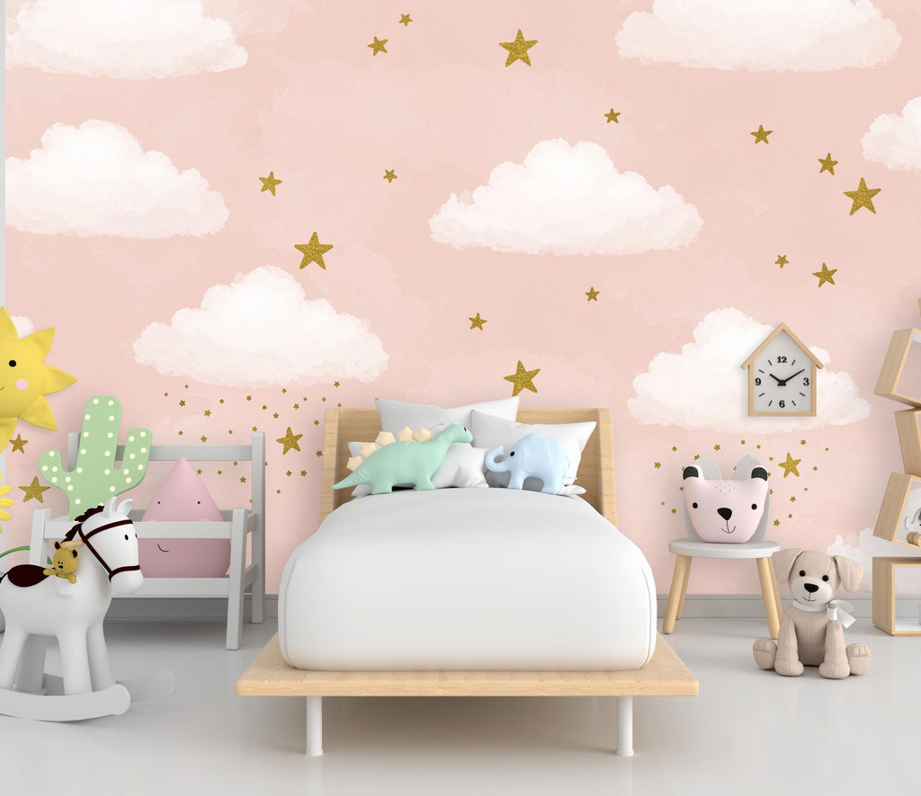 Cloud Stars Watercolor Girl room Wallpaper Stars Peel and Stick Girl room Wallpaper Nursery Self Adhesive Rainbow nursery decor Mural 939RS
