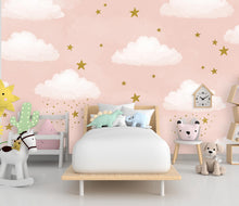 Load image into Gallery viewer, Cloud Stars Watercolor Girl room Wallpaper Stars Peel and Stick Girl room Wallpaper Nursery Self Adhesive Rainbow nursery decor Mural 939RS