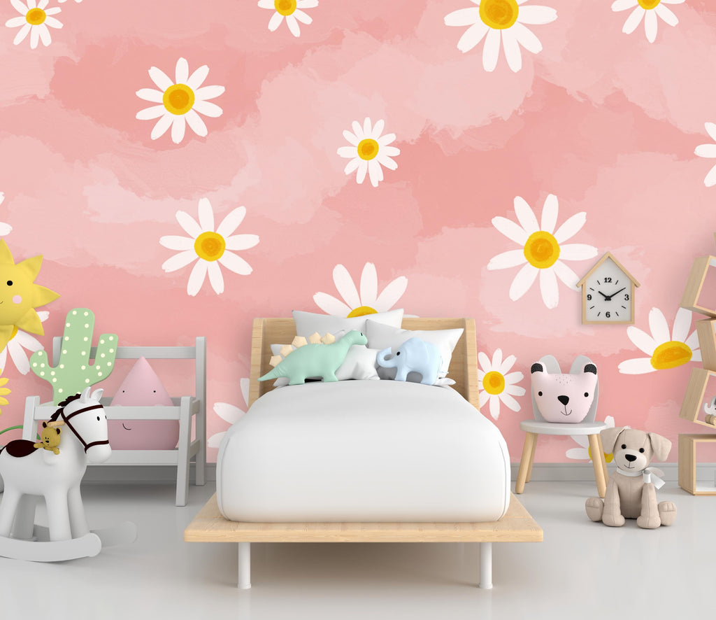 Daisy Flower Wallpaper – Cute Pink and White Floral Mural, Playful Peel and Stick Wallpaper for Kids or Teen Girl Room 941RS
