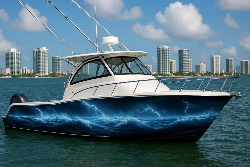 Blue Lightning Storm Boat Wrap – Electric Ocean Vinyl Wrap – Marine Grade Boat Decal – Custom Full Side Graphic Wrap – Thunder Wave Boat