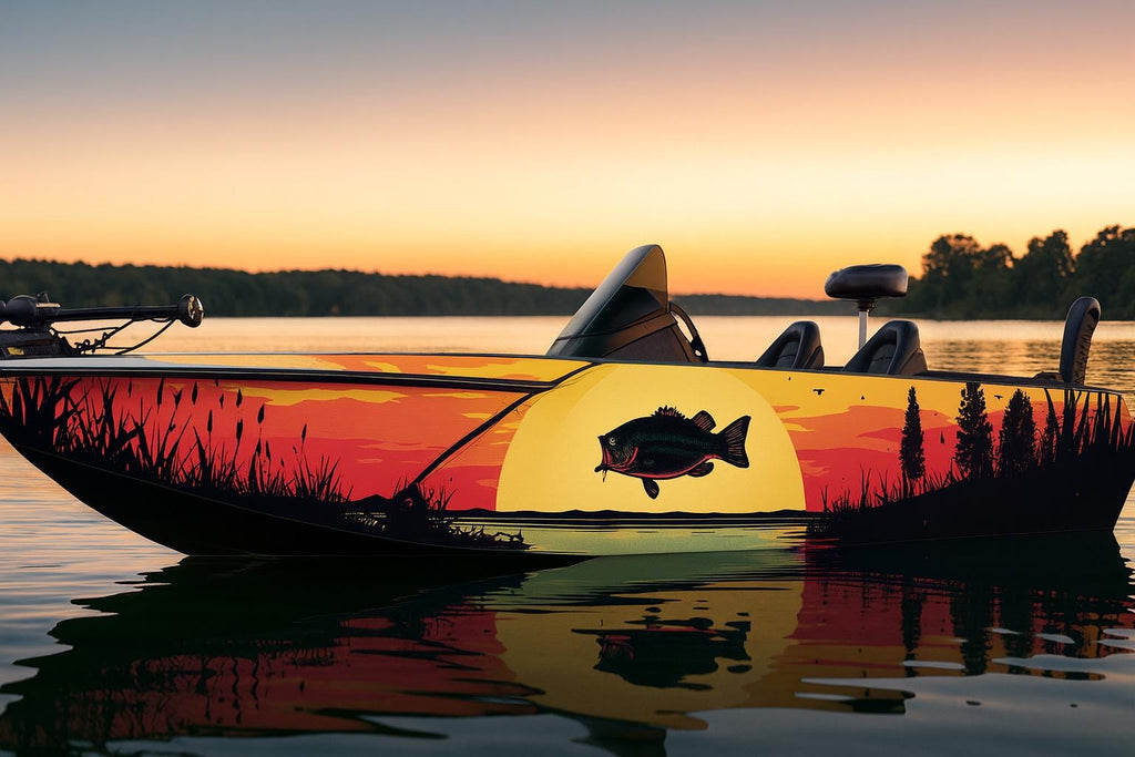 Sunset Bass Fishing Boat Wrap – Lake Scene Vinyl Wrap – Custom Full Side Marine Wrap – Fishing Boat Decal With Bass And Trees – Sunrise Boat