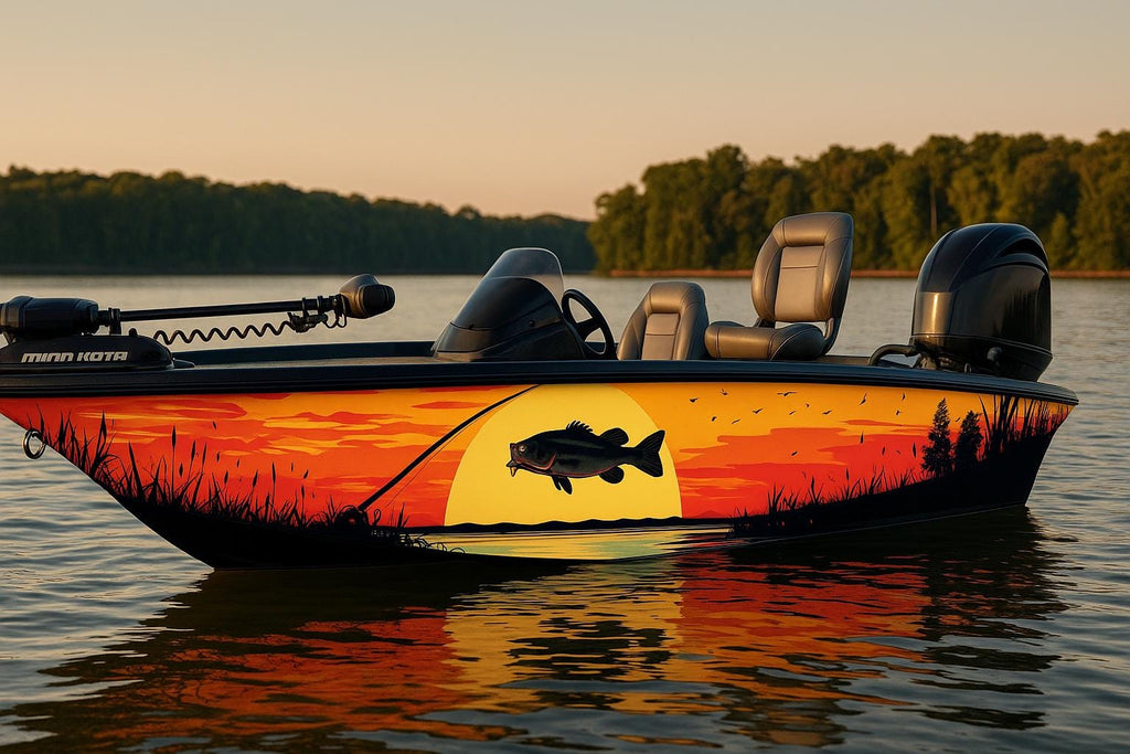 Sunset Bass Fishing Boat Wrap – Lake Scene Vinyl Wrap – Custom Full Side Marine Wrap – Fishing Boat Decal With Bass And Trees – Sunrise Boat