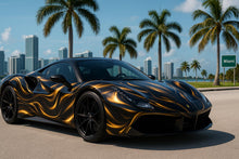 Load image into Gallery viewer, Molten Gold Supercar Wrap | Black and Gold Flow Vinyl Car Wrap | Custom Luxury Vehicle Design | Gift For Car Lovers | Exotic Sports