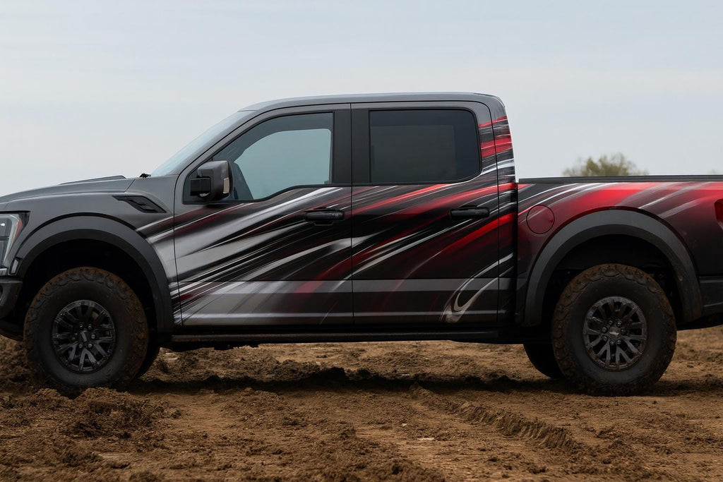 Red Fury Off-Road Truck Wrap | Red Black Silver Motion Vinyl | Custom Pickup Design | Gift For Truck Lovers | 4x4 Adventure Vehicle