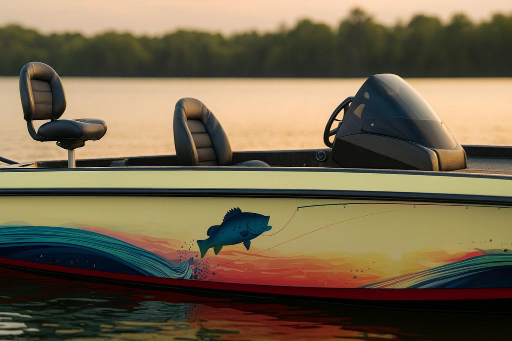 Vibrant Bass Splash Boat Wrap – Color Wave Fishing Vinyl Wrap – Custom Full Side Marine Wrap – Bass Fishing Boat Decal – Lake Water Boat
