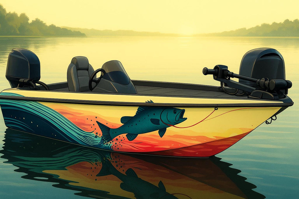 Vibrant Bass Splash Boat Wrap – Color Wave Fishing Vinyl Wrap – Custom Full Side Marine Wrap – Bass Fishing Boat Decal – Lake Water Boat