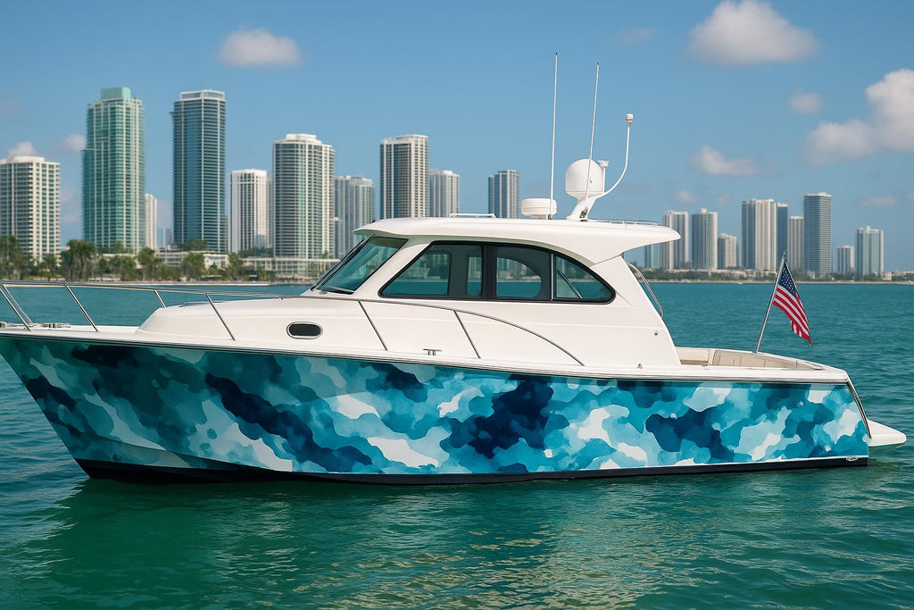 Aqua Camo Ocean Boat Wrap – Blue Water Camouflage Vinyl Wrap – Marine Grade Boat Decal – Custom Full Side Wrap – Abstract Sea Pattern Boat