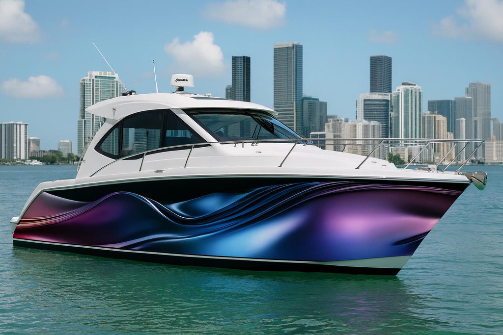 Electric Wave Spectrum Boat Wrap – Blue And Purple Metallic Vinyl Wrap – Custom Full Side Marine Wrap – Luxury 3D Glossy Boat Decal Design