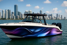 Load image into Gallery viewer, Electric Wave Spectrum Boat Wrap – Blue And Purple Metallic Vinyl Wrap – Custom Full Side Marine Wrap – Luxury 3D Glossy Boat Decal Design
