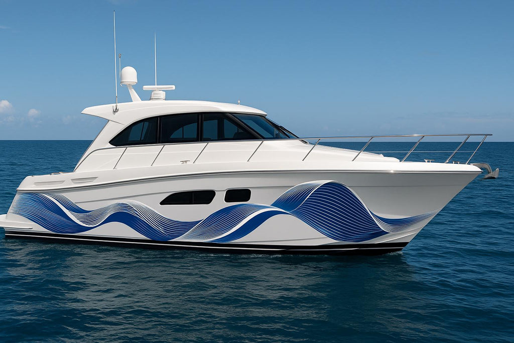Ocean Line Flow Boat Wrap – Blue And White Wave Vinyl Wrap – Modern Marine Boat Decal – Custom Full Side Wrap – Elegant Ocean Motion Design