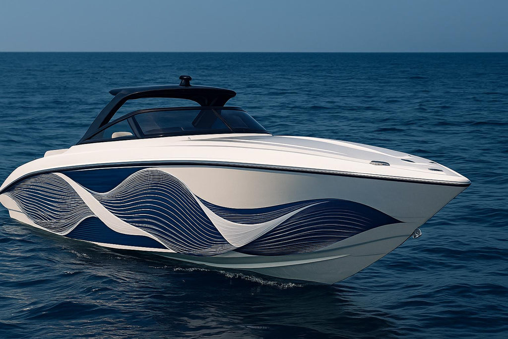 Ocean Line Flow Boat Wrap – Blue And White Wave Vinyl Wrap – Modern Marine Boat Decal – Custom Full Side Wrap – Elegant Ocean Motion Design