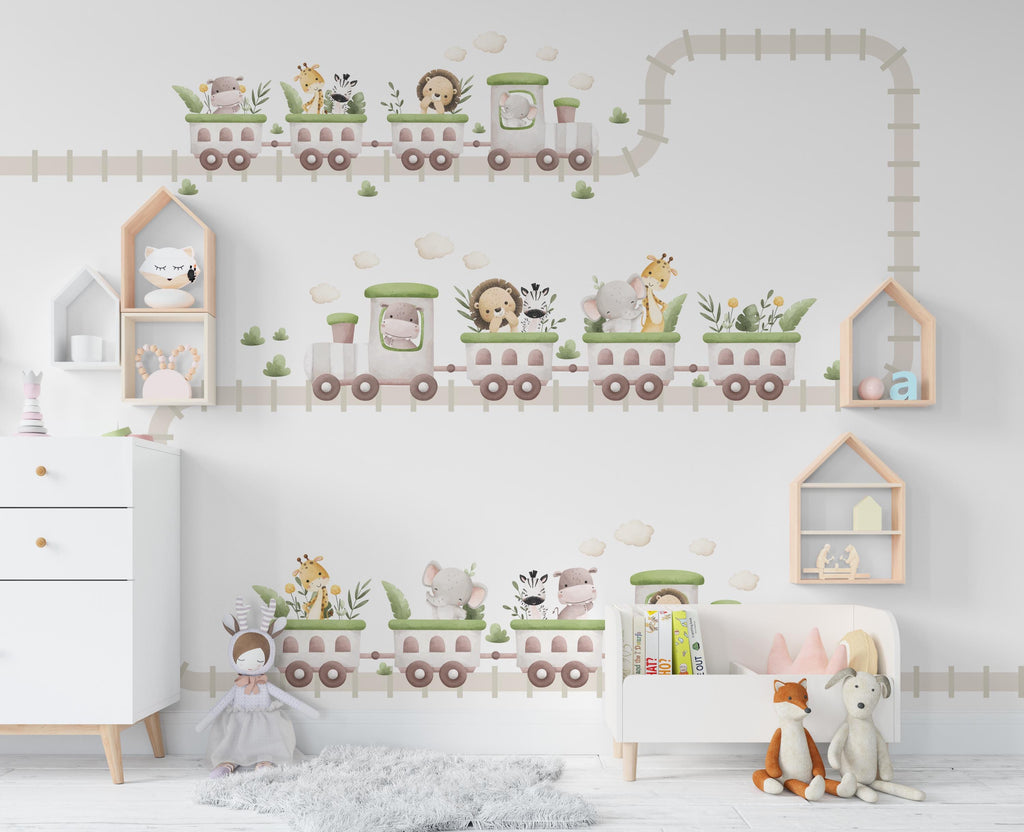 Train Cute animals Wall Decal Train Wall Sticker Railroad Art Train Wall Vinyl Wall Decal Train Room Gifts Vinyl Stickers room decor 964RS