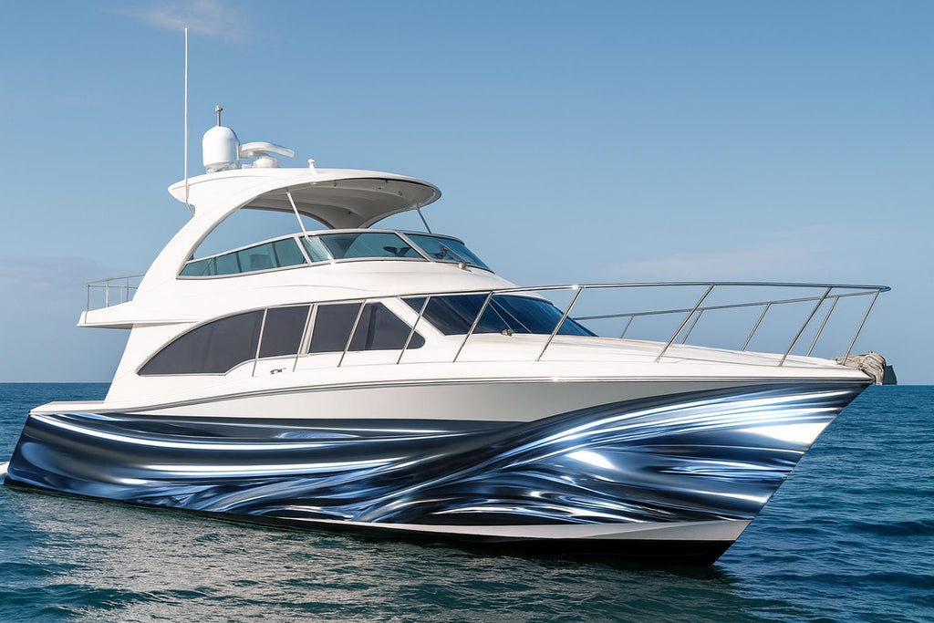 Chrome Ocean Motion Boat Wrap – Metallic Silver And Blue Vinyl Wrap – Marine Grade Boat Decal – Custom Full Side Graphic Wrap – Liquid Metal