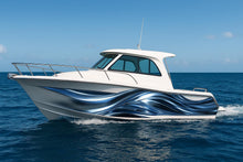 Load image into Gallery viewer, Chrome Ocean Motion Boat Wrap – Metallic Silver And Blue Vinyl Wrap – Marine Grade Boat Decal – Custom Full Side Graphic Wrap – Liquid Metal