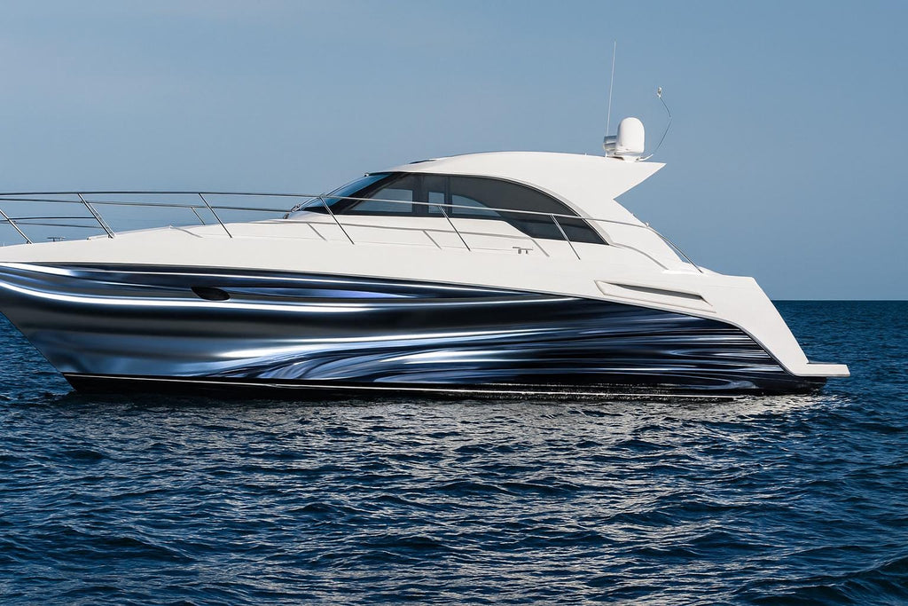 Chrome Ocean Motion Boat Wrap – Metallic Silver And Blue Vinyl Wrap – Marine Grade Boat Decal – Custom Full Side Graphic Wrap – Liquid Metal