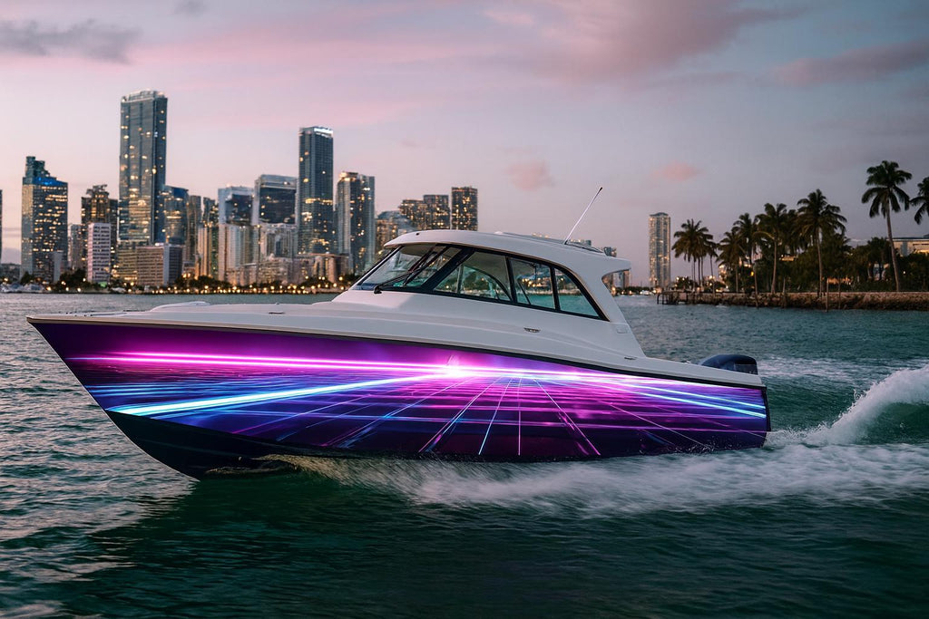 Neon Grid Horizon Boat Wrap – Futuristic Cyberpunk Vinyl Wrap – Marine Grade Boat Decal – Custom Full Side Wrap – Glow Effect Retro Wave