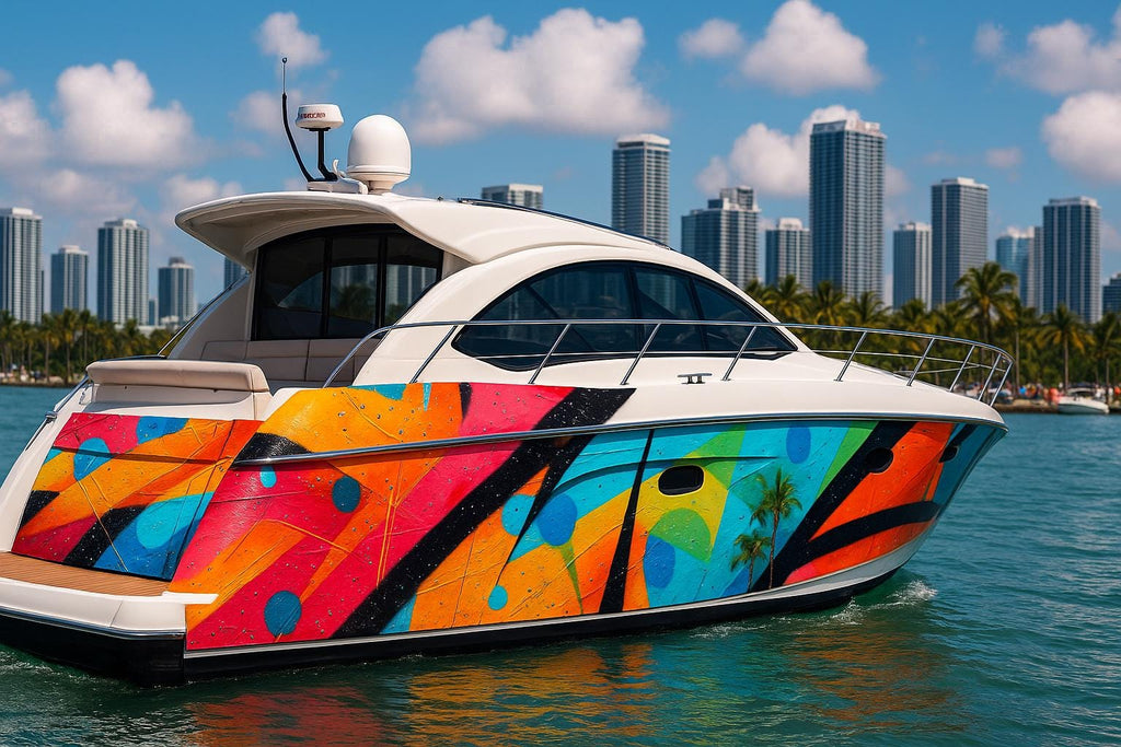 Miami Pop Abstract Boat Wrap – Colorful Geometric Vinyl Wrap – Marine Grade Boat Decal – Custom Full Side Wrap – Modern Art-Inspired Design